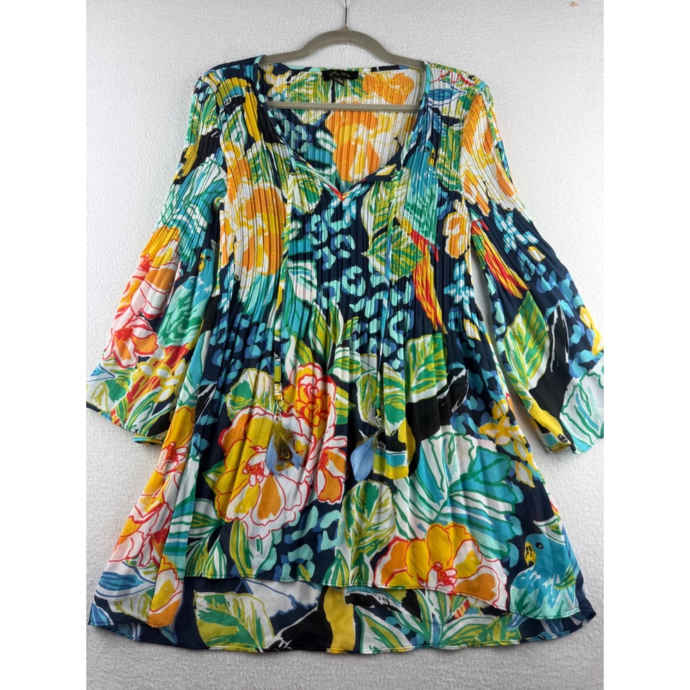 Melissa Paige Womens Tropical Floral Leopard Pleated Tunic Top Feather Ties L
